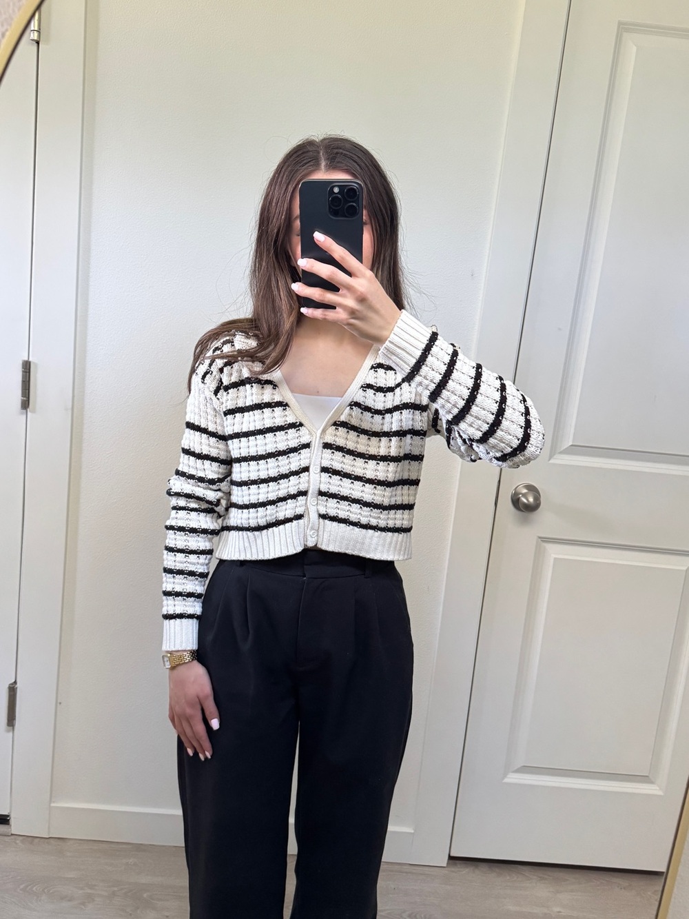 Cotton On Cropped Striped Knit Cardigan - White & Black